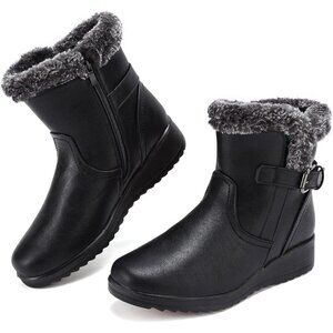 Womens Black Snow Boots with Zipper Waterproof Leather Fur Lined Warm Ankle